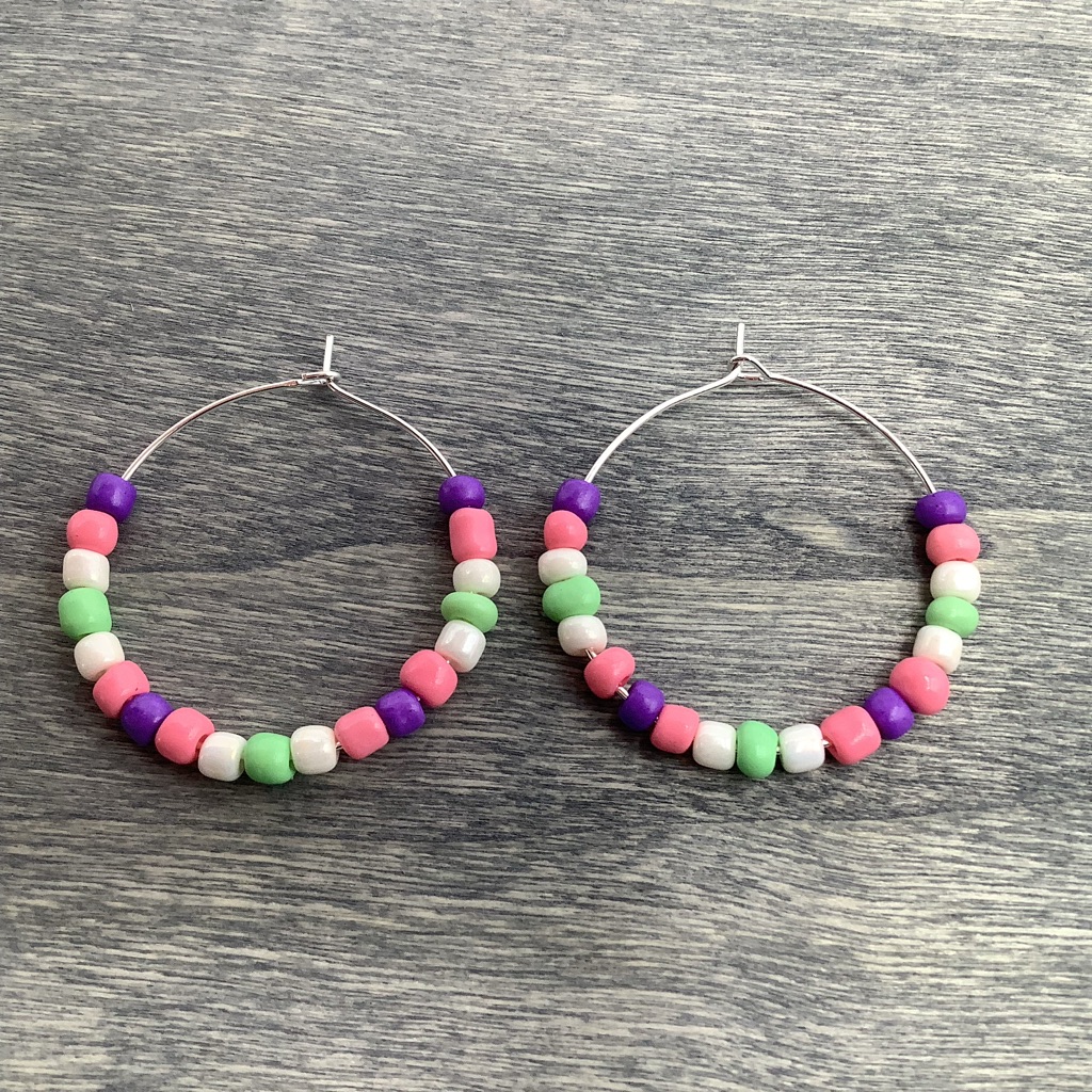 New Earrings Hoop Boho Seed Bead Pink Purple Green Pearly White Silver T